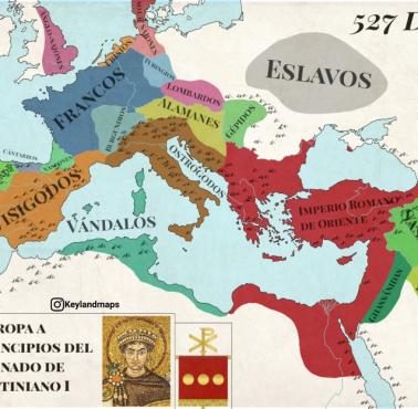 Mapa Europy w czasach Justyniana Wielkiego (przejęcie przez niego władzy), 527 rok