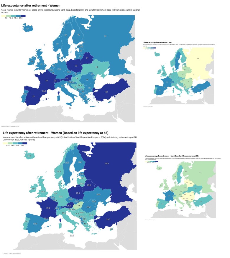 Oczekiwana długość życia w porównaniu do wieku emerytalnego w Europie dla kobiet i mężczyzn, 2022, 2023, 2024