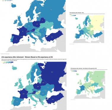 Oczekiwana długość życia w porównaniu do wieku emerytalnego w Europie dla kobiet i mężczyzn, 2022, 2023, 2024