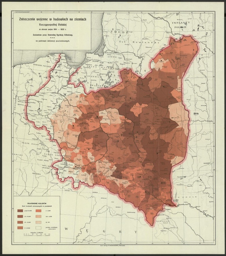 Ilość budynków zniszczonych w polskich powiatach w latach 1914-20