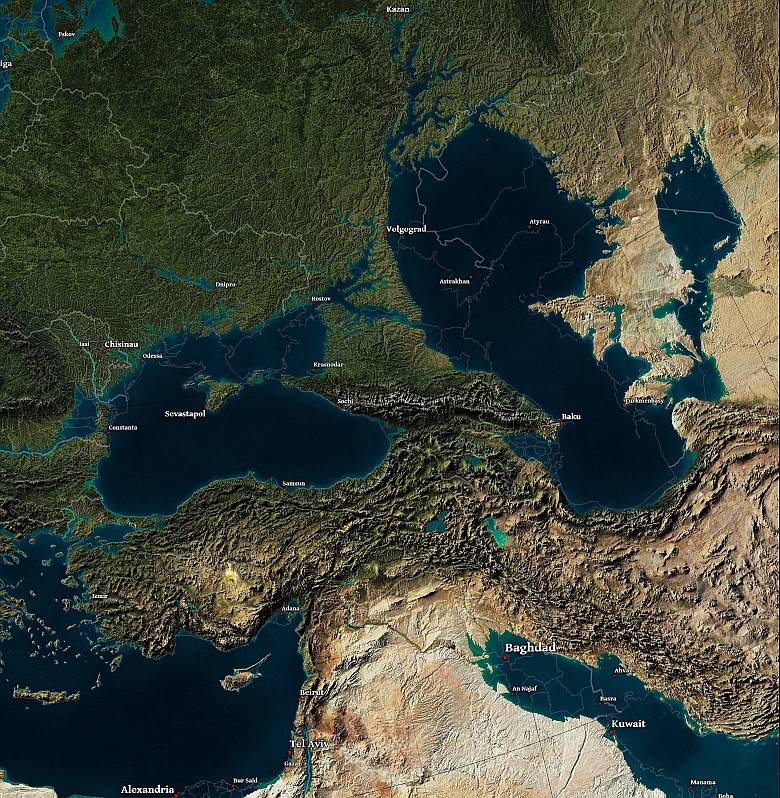Reliefowa mapa Morza Czarnego i regionu Morza Kaspijskiego (po roztopieniu lodu)