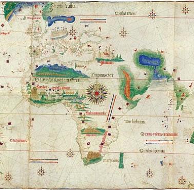 Mapa świata sporządzona 10 lat po odkryciu Ameryk z podziałem na strefę portugalską i hiszpańską