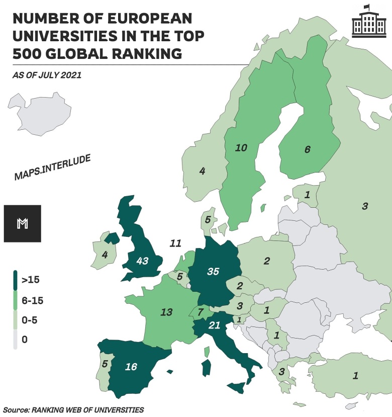 Liczba uniwersytetów z listy najlepszych (top 500) w każdym kraju w Europie, 2021