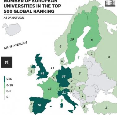 Liczba uniwersytetów z listy najlepszych (top 500) w każdym kraju w Europie, 2021