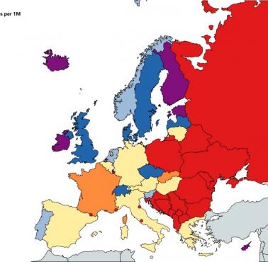 Liczba 1000 najlepszych uniwersytetów na 1 milion ludności w Europie według krajów