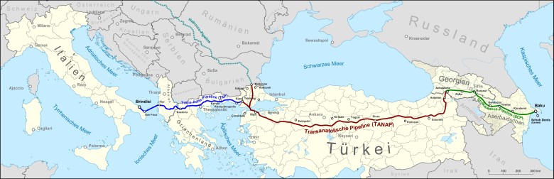 Mapa rurociągu trans-anatolijskiego (TANAP) z Azerbejdżanu do Europy