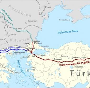 Mapa rurociągu trans-anatolijskiego (TANAP) z Azerbejdżanu do Europy