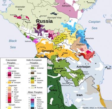 Mapa etniczna Kaukazu i Kaukazu Południowego (Zakaukazia)