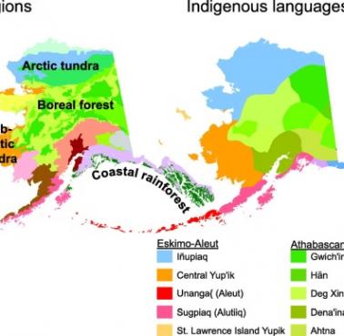 Mapa etniczo-językowa Alaski z podziałem na strefy klimatyczne