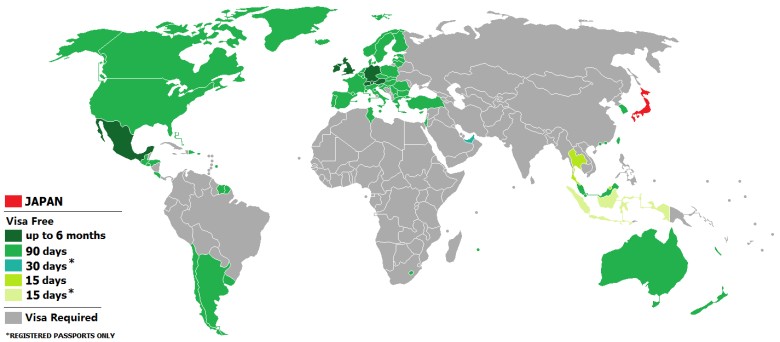 Kraje, którym zezwala się na wjazd bezwizowy do Japonii, 2019