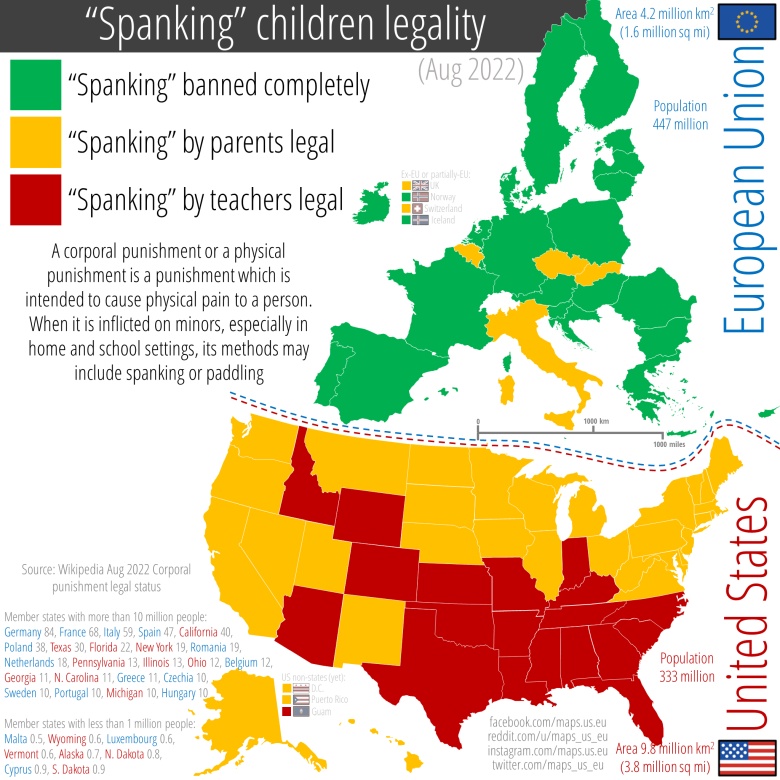 Przepisy dotyczące kar cielesnych wobec dzieci (klapsów) w domu w Unii i USA, 2022