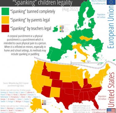 Przepisy dotyczące kar cielesnych wobec dzieci (klapsów) w domu w Unii i USA, 2022