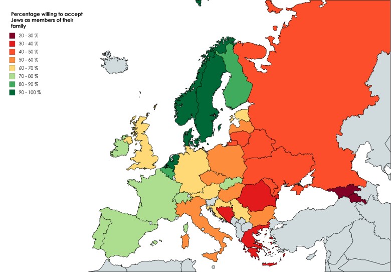 Procent Europejczyków gotowych zaakceptować Żydów jako członków ich rodziny