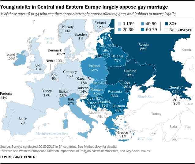 Młodzi dorośli 18-34, którzy sprzeciwiają się małżeństwom homoseksualnym w Europie