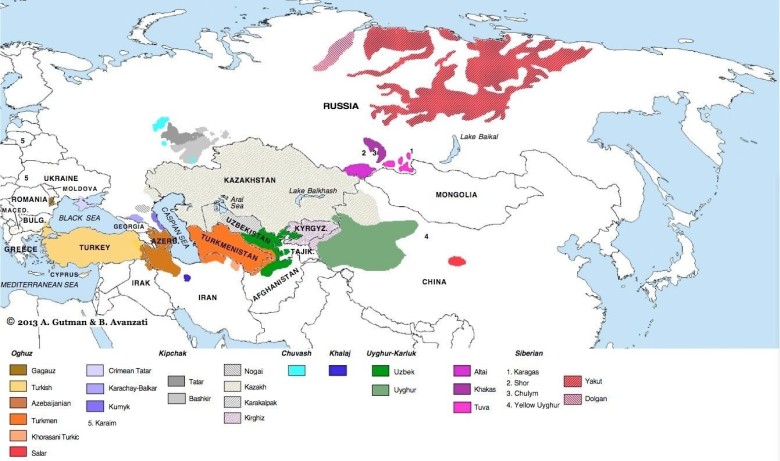 Mapa występowania języków tureckich na świecie