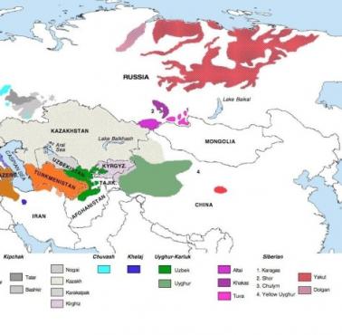 Mapa występowania języków tureckich na świecie