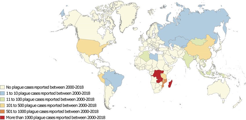 Przypadki dżumy  zgłoszone do WHO, 2000-2018 (spowodowaną zakażeniem bakterią Yersinia pestis)
