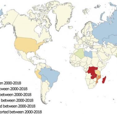 Przypadki dżumy  zgłoszone do WHO, 2000-2018 (spowodowaną zakażeniem bakterią Yersinia pestis)