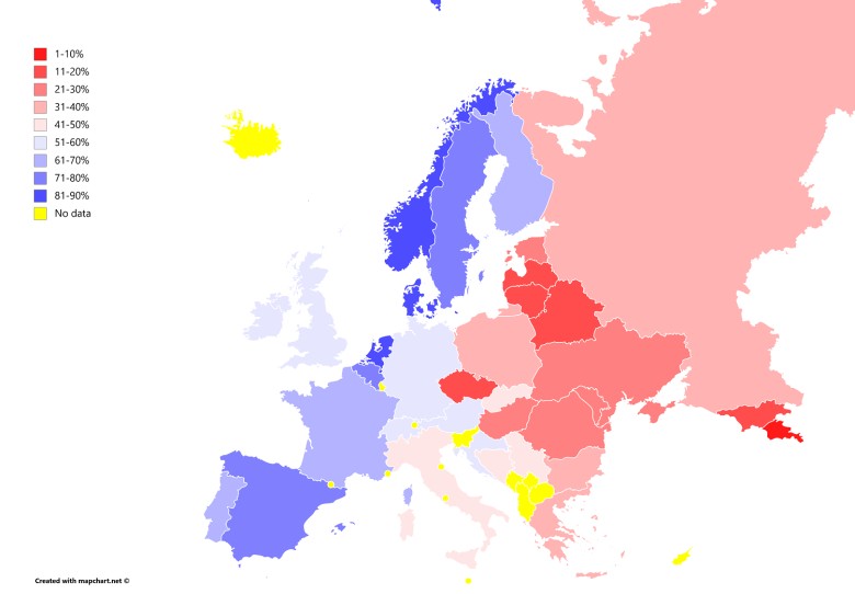 Procent populacji, która twierdzi, że byłaby skłonna zaakceptować muzułmanina, jako członka swojej rodziny (Pew Research Center)