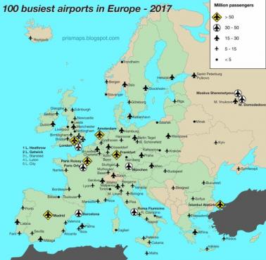 Top100 najbardziej ruchliwych lotnisk w Europie, 2017