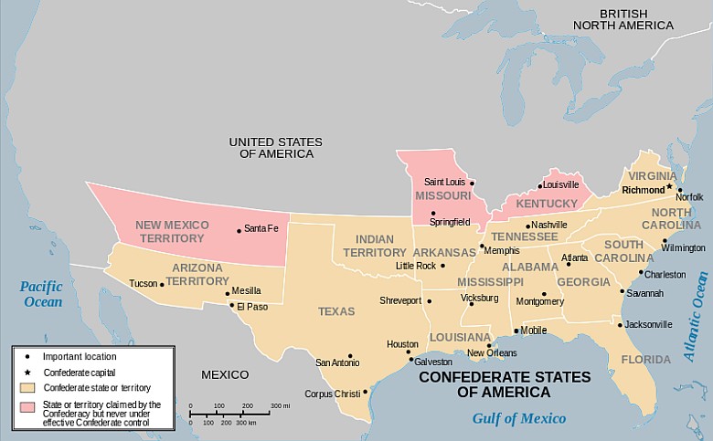 Mapa Skonfederowanych Stanów Ameryki 1860-1865