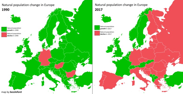 Zmiany populacji w Europie 1990 i 2017