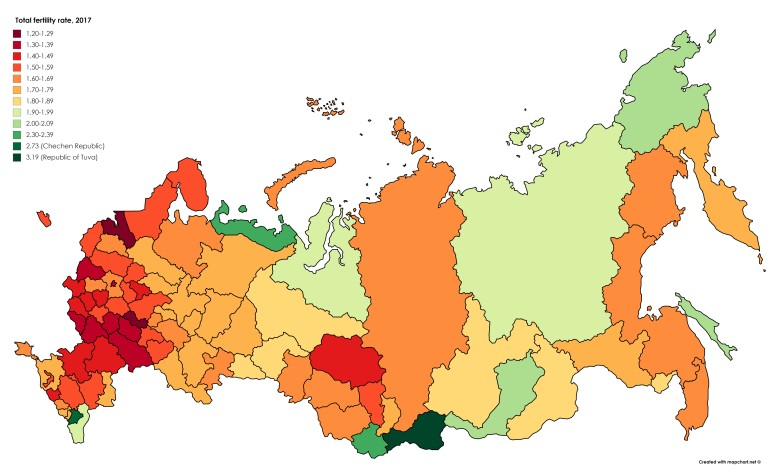 Wskaźnik płodności w poszczególnych regionach Rosji, 2017
