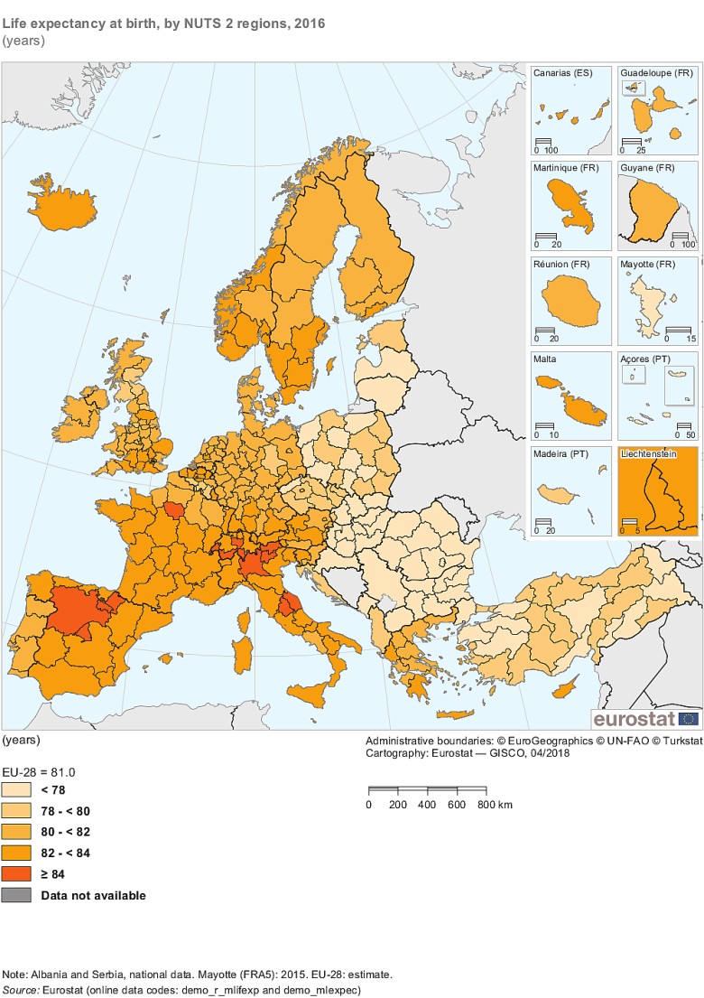 Średnia długość życia w Europie w 2016 roku