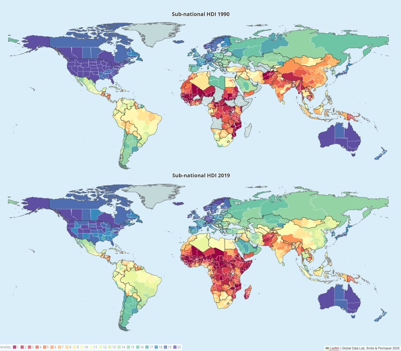 Wskaźnik rozwoju społecznego HDI (od ang. Human Development Index), 1990, 2019