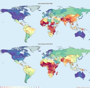 Wskaźnik rozwoju społecznego HDI (od ang. Human Development Index), 1990, 2019