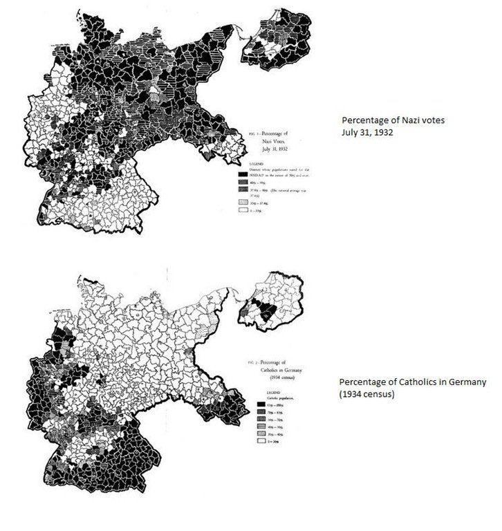 Głosy oddane na NSDAP w 1932 roku i mapka katolików w Niemczech. Nic dziwnego, że 9 niemieckich biskupów zostało zamordowanych