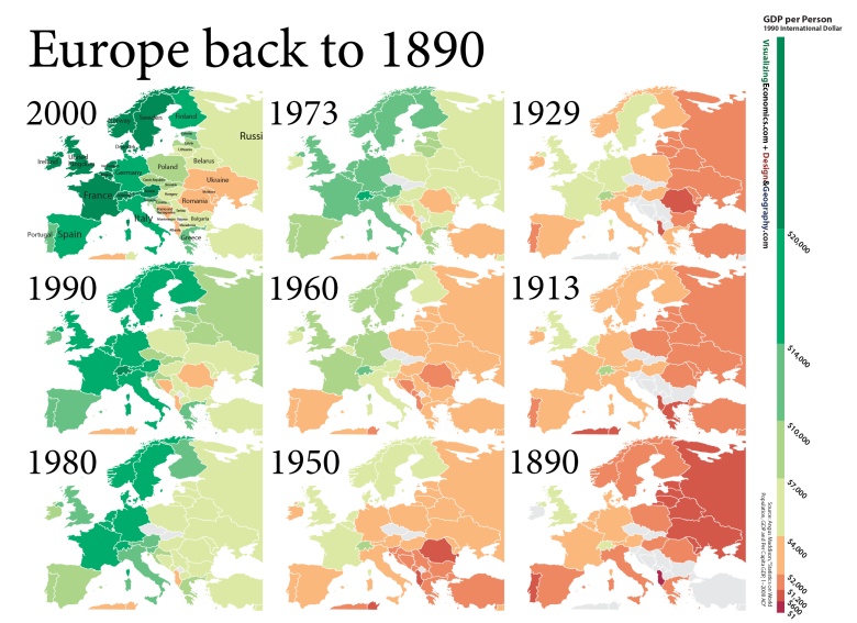 Europejski PKB na mieszkańca w latach 1890-2000