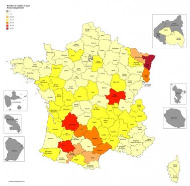 Liczba zamków w każdym francuskim departamencie