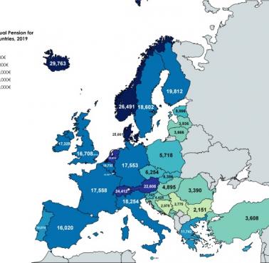 Średnia roczna emerytura w krajach europejskich, 2019
