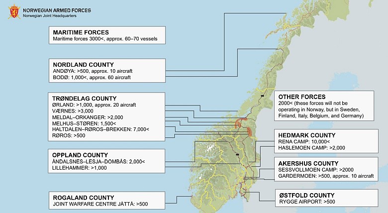 Ćwiczenie Trident Juncture 2018 mapa działań