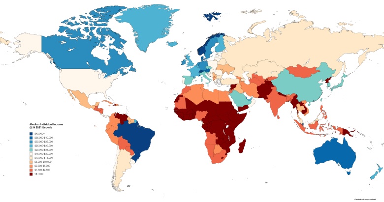 Mediana dochodu indywidualnego (per capita) na świecie, 2021