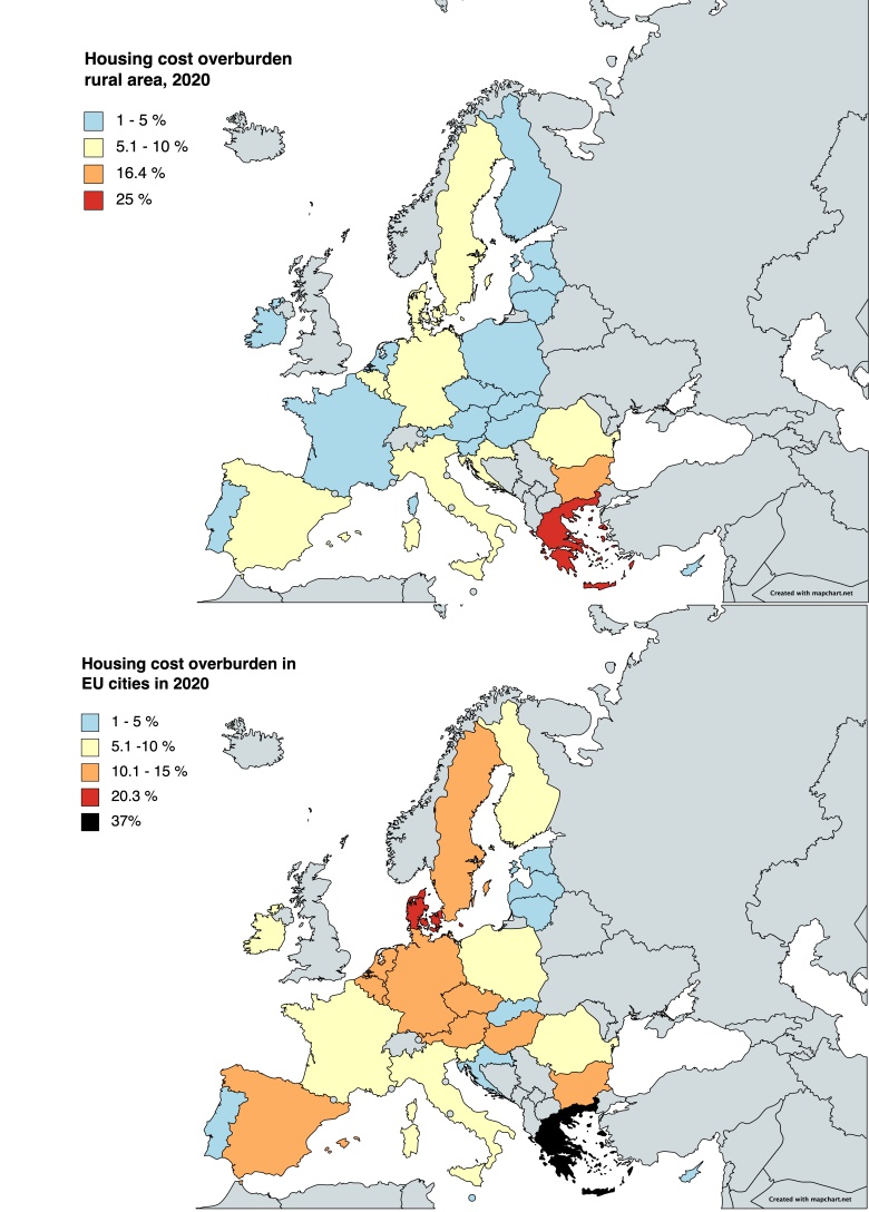 Nadmierne obciążenie kosztami mieszkaniowymi w miastach i na obszarach wiejskich w Europie, 2020