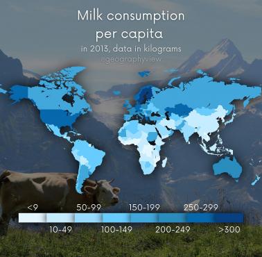 Zużycie mleka na mieszkańca na świecie, 2013