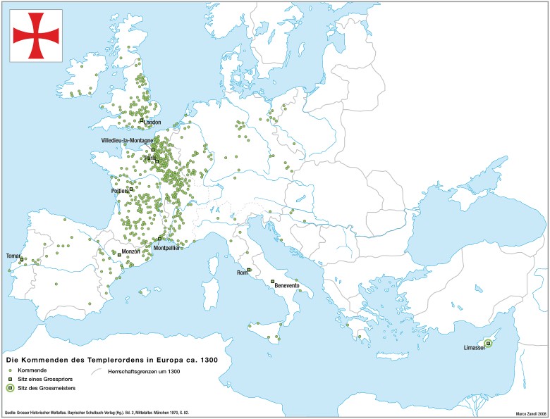 Posiadłości templariuszy w Europie, 1300