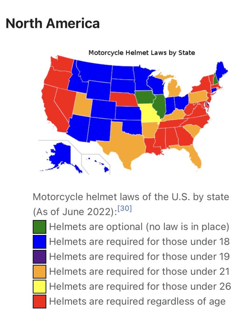 W których stanach wymagany jest kask motocyklowy, USA, 2022