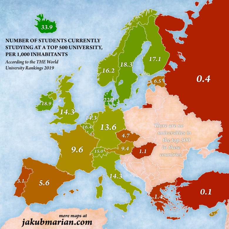 Liczba europejskich studentów obecnie studiujących na uniwersytetach z pierwszej 500 (na 1000 mieszkańców), 2019