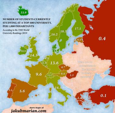 Liczba europejskich studentów obecnie studiujących na uniwersytetach z pierwszej 500 (na 1000 mieszkańców), 2019