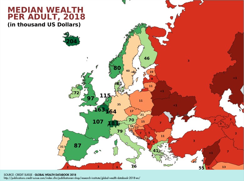 Mediana majątku na osobę dorosłą w Europie w 2018 roku (w tys. dolarów)