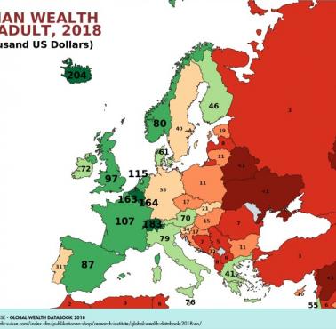 Mediana majątku na osobę dorosłą w Europie w 2018 roku (w tys. dolarów)