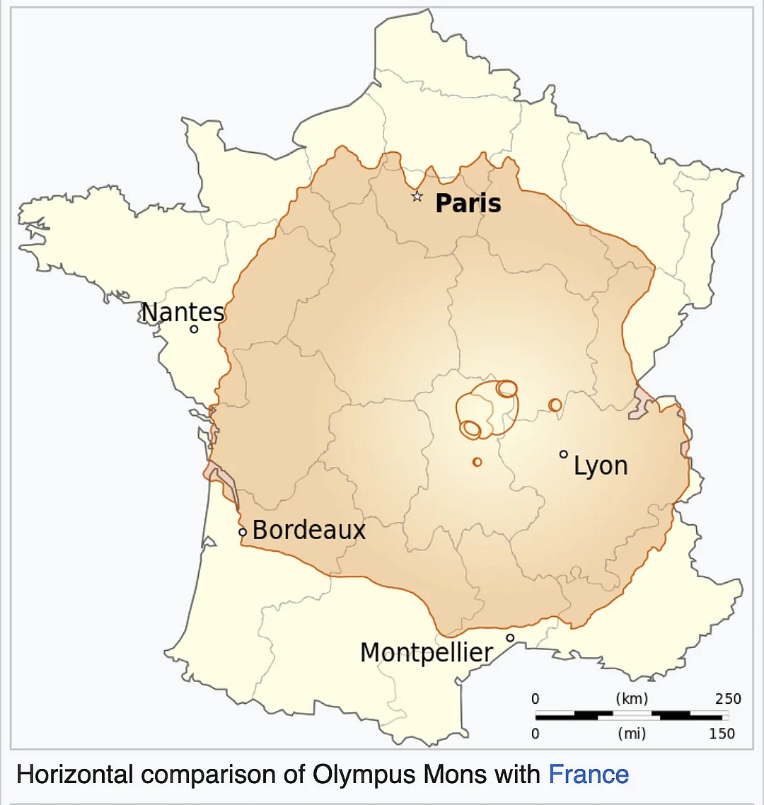 Największy wulkan w Układzie Słonecznych - Olympus Mons na tle Francji