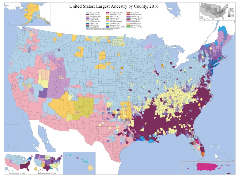 Dominujące pochodzenie mieszkańców poszczególnych hrabstw w USA, 2016
