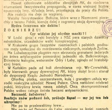"Tępcie knowania reakcyjne", propagandowy materiał propagowany w Wojsku Polskim, 1945