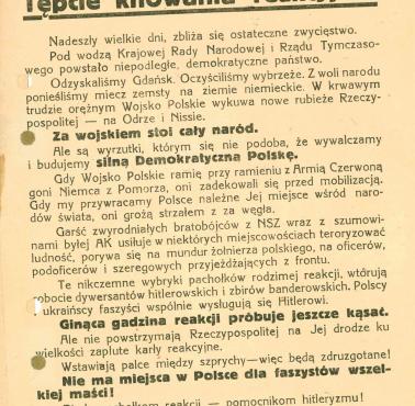 "Tępcie knowania reakcyjne", propagandowy materiał propagowany w Wojsku Polskim, 1945