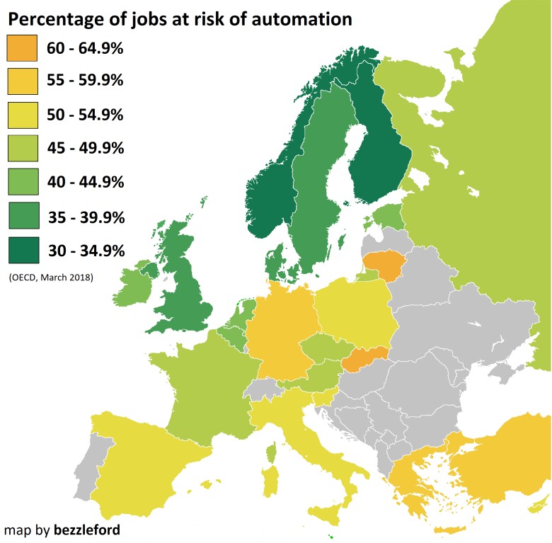 Procent miejsc pracy w Europie zagrożonych automatyzacją