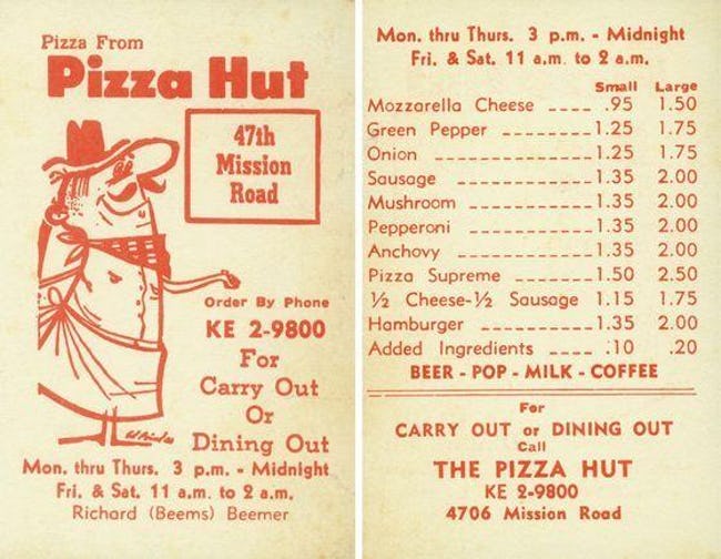 Menu Pizza Hut z 1962 roku, Kansas City